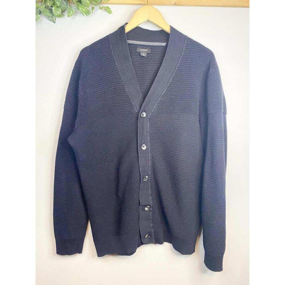 Vintage Alfani L Grandpa Sweater Cardigan Black 100% Cotton Ribbed Buttons Mens